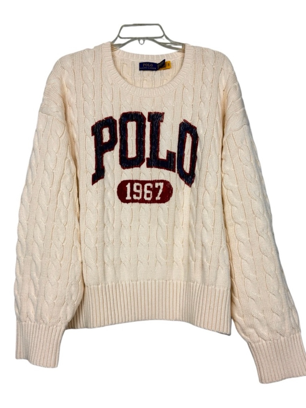 Polo by Ralph Lauren Cream Cable-Knit Sweater with Red 1967 Patch